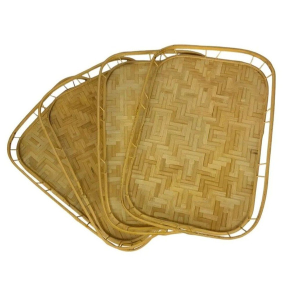Vintage Woven Rattan Wicker Serving Trays Set Tiki Bar 19x13 Mid Century Boho - Picture 1 of 4